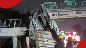 Car Bursts Into Flames After Crashing Onto Footbridge Along Raila Odinga Road: “Imepanda Stairs”